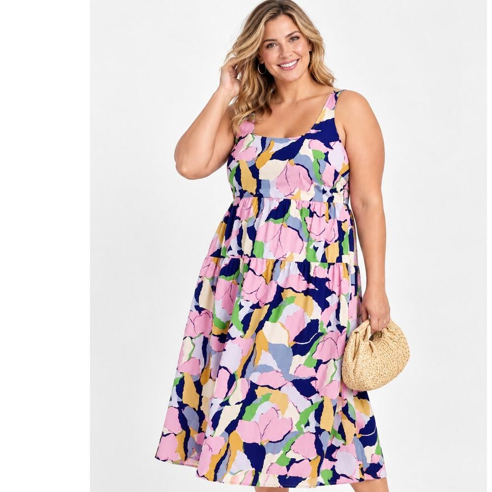 Ava & Viv Smocked Midi Dress Womens Size 2X Colorful Floral Tie Back Tiered